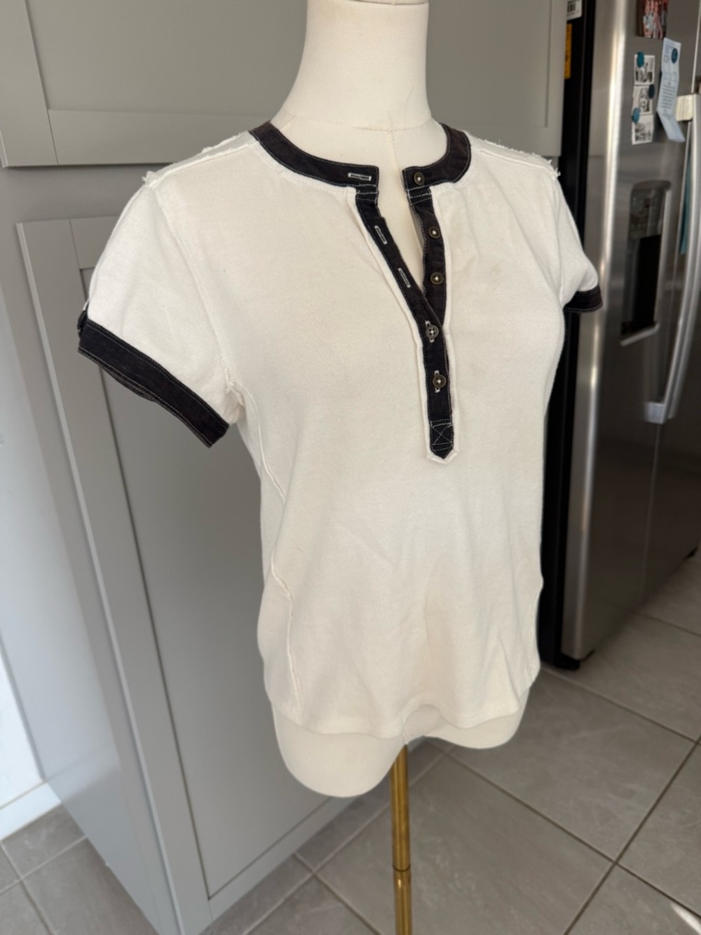 We The Free Cream Henley Tee Contrast Trim Size Small